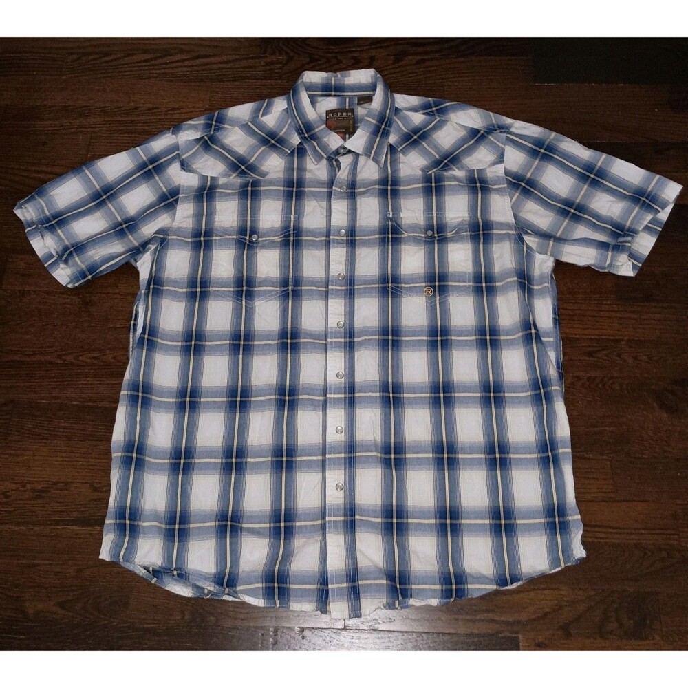Roper Pearl Snap Shirt Mens XL Blue Yellow Beige Plaid Western Short Sleeve